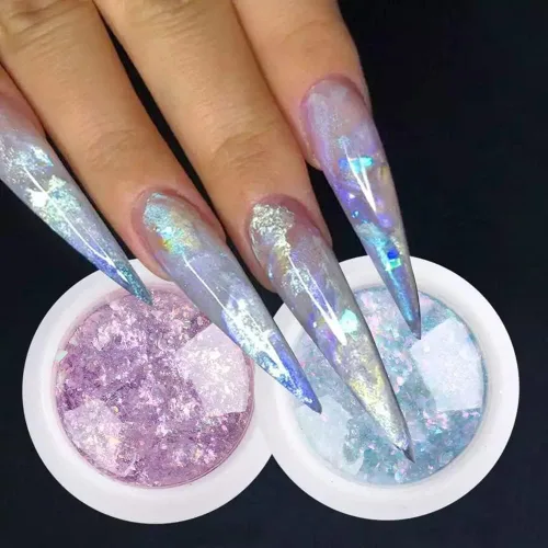 Miniatura 6 de 4 cajas de uñas en polvo holográfico con purpurina en polvo de ópalo cromado, escamas irregulares brillantes de sirena, lentejuelas rosa y morado