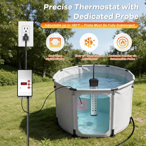 Miniatura 3 de Calentador de agua de inmersión portátil de 2000 W con termostato integrado y arranque retardado, calentamiento rápido para cubos, bañeras, bañera