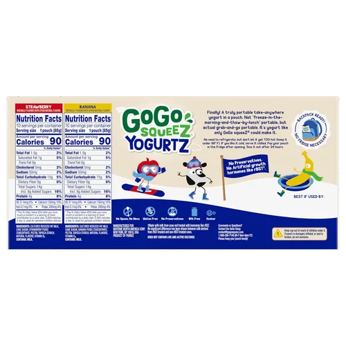 Miniatura 2 de GoGo squeeZ YogurtZ Paquete variado, fresa y plátano, 3 onzas (paquete de 20), aperitivos para niños hechos de yogur real y fruta, no necesita