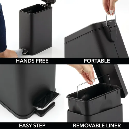 Miniatura 3 de mDesign Cubo de Basura con Pedal — Cubo de basura con pedal, tapa e inserto de cubo de plástico para baño, cocina y oficina — Cubo de basura de Negro