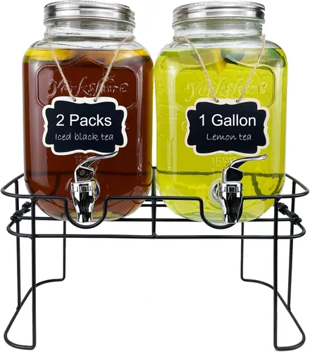 Despachador de bebidas de vidrio de 1 galón para fiestas, paquete de 2, dispensador de jugo, limonada, té helado y agua con soporte, dispensadores