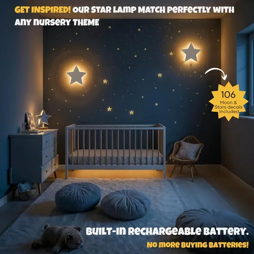 Miniatura 4 de KALEOLI Luz nocturna de estrellas para guardería, luz de pared regulable y recargable para niños, juego de 106 calcomanías de pared de luna