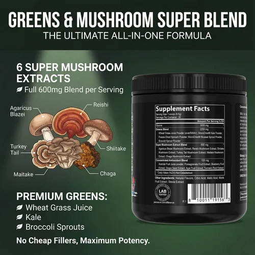 Miniatura 3 de PEScience Greens Powder Superfood con clorofila natural, polvo de hongos Reishi y cola de pavo, col rizada liofilizada, espinacas, brotes