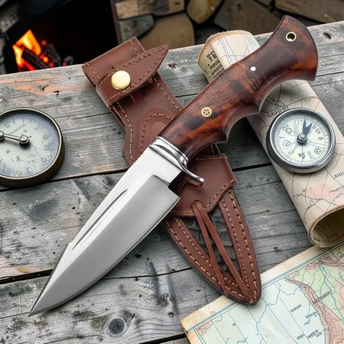 Poshland Cuchillo de caza hecho a mano, cuchillo EDC de hoja fija Bushcraft de 10 pulgadas con hoja de acero D2, mango de madera de nogal, funda de