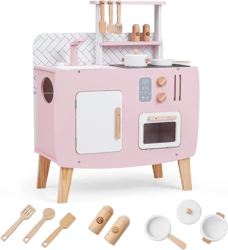 Miniatura 9 de Costzon Juego de cocina para niños, juguete interactivo para niños pequeños con horno, estufa, fregadero, grifo, espacio de almacenamiento