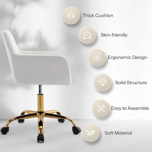 Miniatura 7 de Silla de escritorio de pelo sintético giratoria 360°, silla de oficina ajustable en altura con base dorada para adolescentes, mujeres y niñas, silla