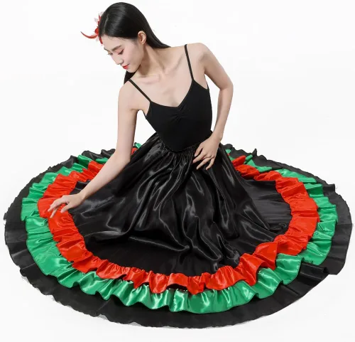 Miniatura 3 de Falda larga de baile para adultos, color negro, rojo, verde, falda folklórica para disfraz de Halloween flamenco mexicano
