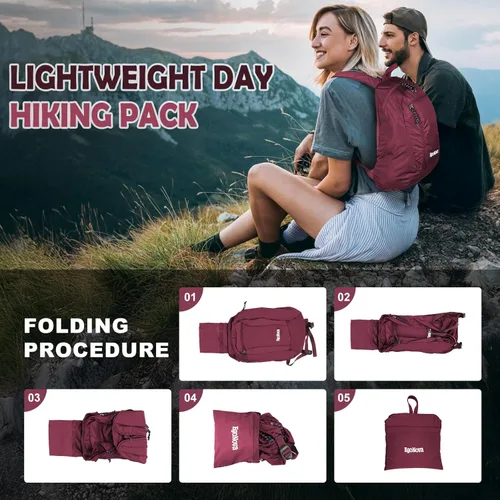 Miniatura 6 de Mochila plegable ultraligera y delgada de 12 litros, pequeña mochila de senderismo plegable, bolsa de viaje, resistente al agua para hombres y Rojo