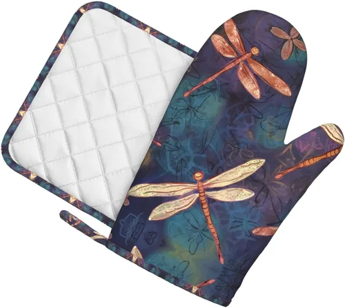 Miniatura 8 de Juego de guantes de horno y soportes para ollas pintados a mano con libélula impresos, resistentes al calor, antideslizantes, guantes de cocina, 2