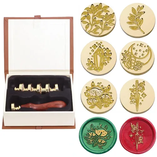 SWANGSA Juego de sellos de cera, 6 piezas vintage con patrón de plantas de flores y 1 mango de madera para tarjetas de felicitación de boda, regalo