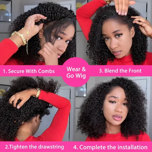 Miniatura 3 de Curly Half Wig Human Hair - 180% Density 3 in 1 Seamless Flip over Half Wig 14 Inch Glueless Wear Go Beginner Friendly Kinky Curly Wig Drawstring