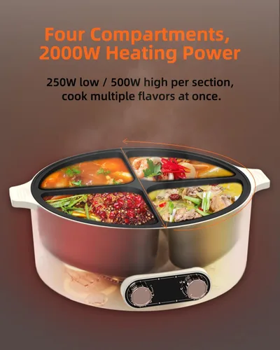 Miniatura 5 de Olla eléctrica con divisor, olla de 4 compartimentos, olla Shabu Shabu Shabu eléctrica de 2000 W con antiadherente, ollas calientes de 5 cuartos
