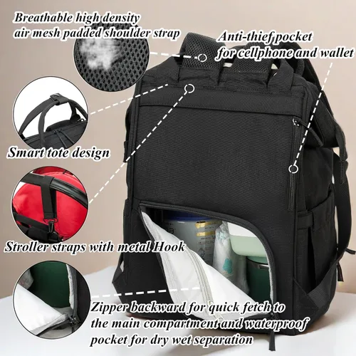 Miniatura 5 de Mochila para pañales para papá y mamá con puerto de carga USB, correas para cochecito y bolsillo aislado, mochila de viaje militar del ejército