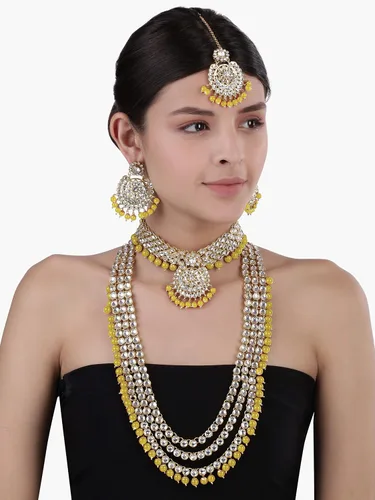 Miniatura 5 de Aheli Indian Wedding Kundan Beaded Bridal Long Choker Necklace Earrings with Maang Tikka Traditional Jewellery Set for Women