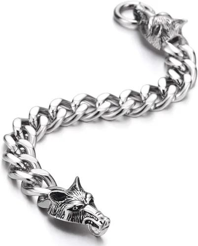 Miniatura 3 de COOLSTEELANDBEYOND Biker Punk Rock Mens Stainless Steel Wolf Head Curb Chain Bracelet with Spring Ring Clasp, 9 Inches