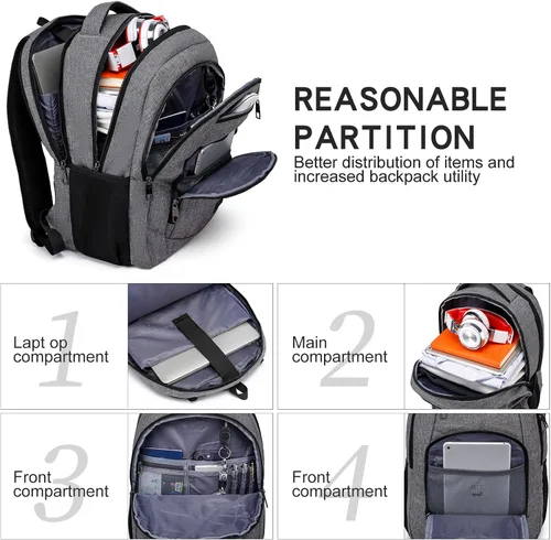 Miniatura 2 de Mochila escolar, mochila grande para adolescentes y niños, mochila delgada para laptop de negocios con puerto de carga USB, bolsa de libros de Gris