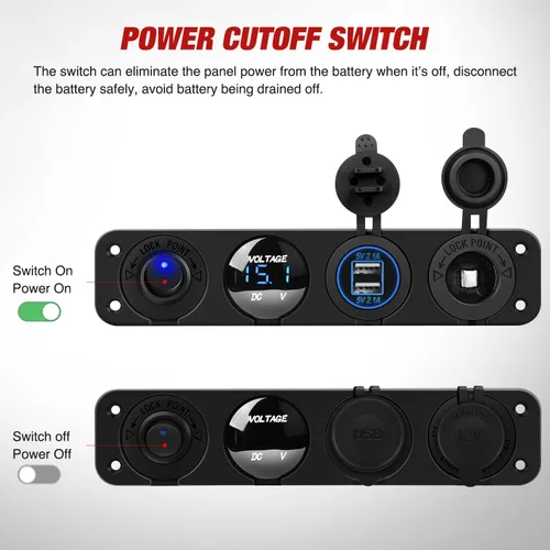 Miniatura 2 de Nilight - Panel de enchufe de salida 4 en 1, 12V CC, 4.8A, voltímetro LED, interruptor basculante de encendido y apagado con luz, encendedor de 4