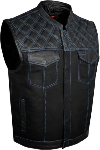GARGOYLE BELLS Chaleco de moto de mezclilla y cuero para hombre con bolsillos para pistola SOA Biker Club Chaleco con acolchado de diamante para
