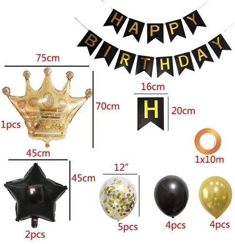Miniatura 2 de Kit de decoración de fiesta de cumpleaños: pancarta de feliz cumpleaños, globo de corona dorada y globos de látex negros, suministros perfectos
