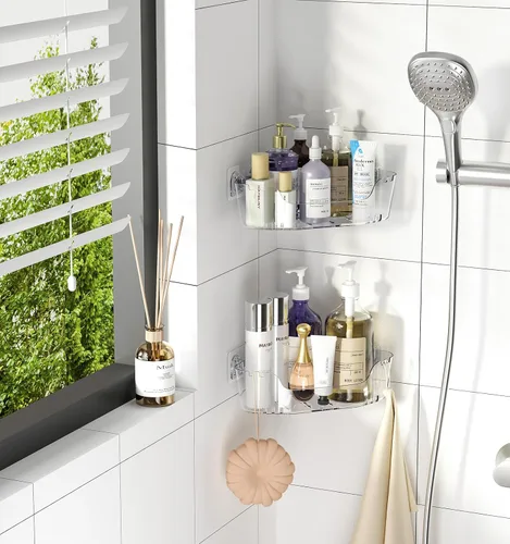 Miniatura 7 de Organizador esquinero para ducha, paquete de 3 unidades, acrílico transparente Large Capacity, Corner Shower Shelves with Soap Holder and Hooks