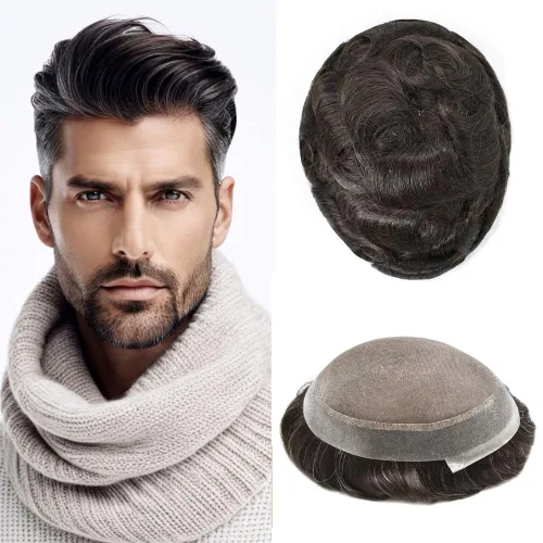 Miniatura 19 de Tupé para hombres, piezas de cabello humano real, sistema de unidades de cabello natural, línea capilar natural, pieza de repuesto para hombres