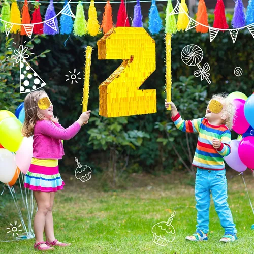 Miniatura 5 de Sratte Piñata - Decoraciones de fiesta de cumpleaños, piñata de lámina dorada con palo, confeti para niños y niñas, cumpleaños, aniversario