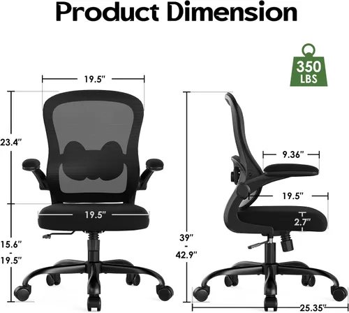 Miniatura 2 de Silla de oficina ergonómica – Silla de escritorio ergonómica – Silla de oficina cómoda de malla para el hogar con ruedas, soporte lumbar ajustable