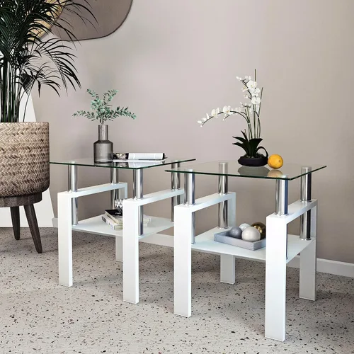 Mesa auxiliar moderna de vidrio templado, mesa de centro cuadrada para sala de estar, mesa de té de cristal, mesa auxiliar de sofá (blanco, 2