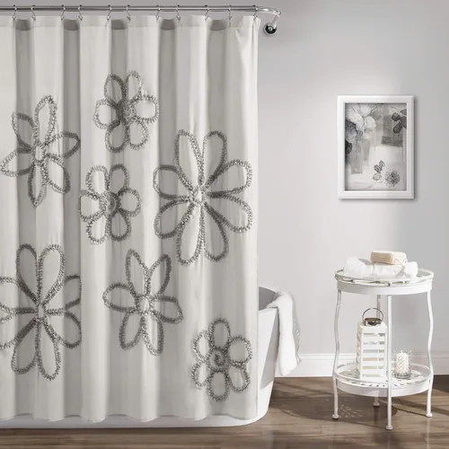 Lush Decor - Cortina de ducha de poliéster con flores rizadas en color gris claro (182,9 x 182,9 cm)