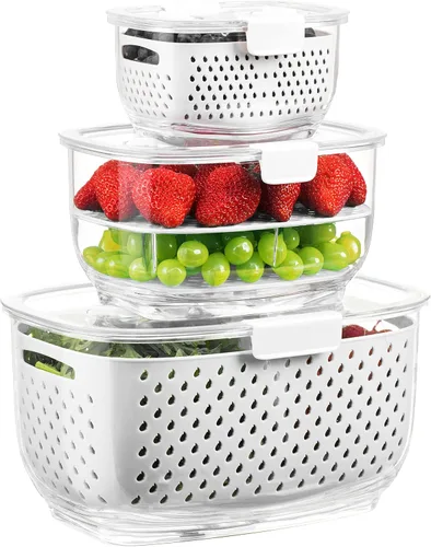 Miniatura 9 de LUXEAR Juego de 3 unidades de contenedores de almacenamiento de frutas y vegetales frescos, contenedor de almacenamiento de refrigerador sin BPA