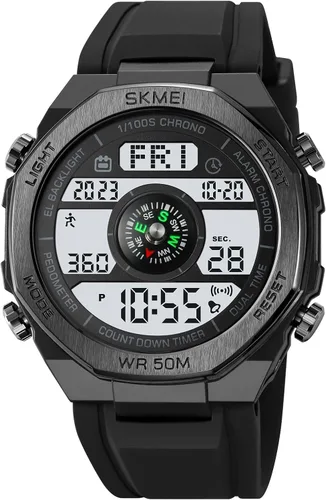 Miniatura 7 de FANMIS Hombres Podómetro Relojes Militares Multifuncional 50M Impermeable Digital Reloj Deportivo al Aire Libre Negro
