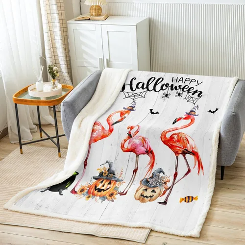 Manfei Manta de Halloween de flamenco rosa para sofá, manta de otoño con hojas de girasol y calabaza para decoración de habitación de niños y niñas,