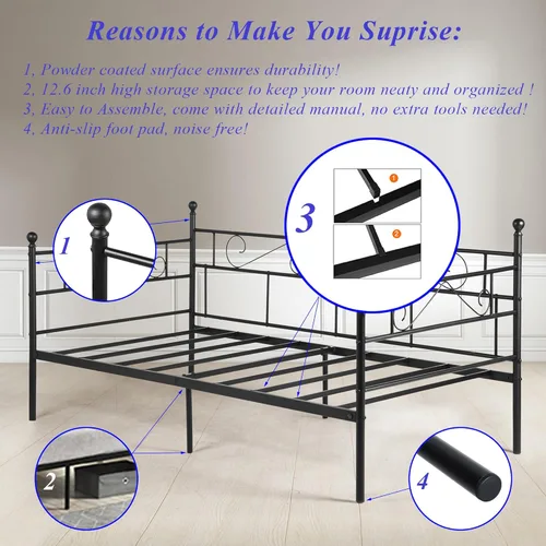 Miniatura 6 de Marco de Cama Diurna Tamaño Twin, Cama Diurna Marco de Cama Diurna de Metal Negro con Cabecero, Base de Plataforma de Colchón que Reemplaza