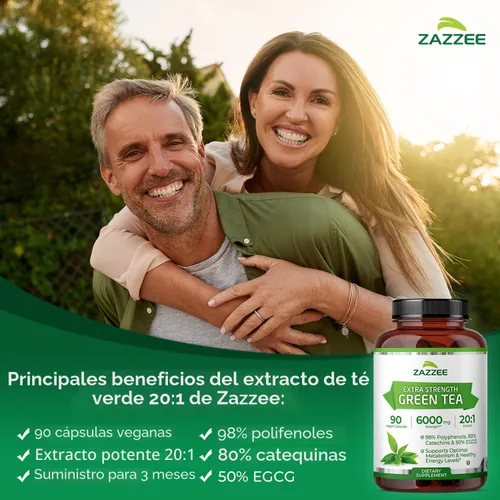 Miniatura 3 de Zazzee Extracto de té verde de extrafuerte 20:1, 6000 mg de fuerza, 50% EGCG, 98% polifenoles y 80% catequinas, 90 cápsulas veganas, suministro de 3