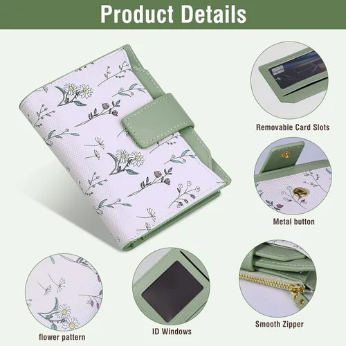 Miniatura 3 de Cartera Pequeña para Mujer - Cuero Suave con Bloqueo RFID Bifold con Cremallera para Tarjetas de Crédito - Cartera con Patrón Floral con Ventana