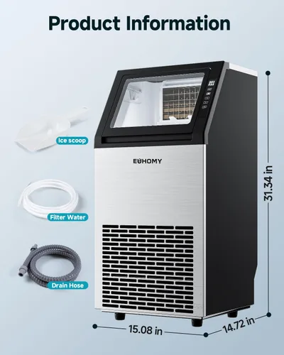 Miniatura 8 de EUHOMY Máquina comercial para hacer hielo, máquina de hielo de acero inoxidable de 100 libras/24 horas debajo del mostrador con contenedor