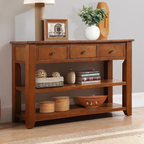 Miniatura 12 de RuiSiSi Mesa consola de 48 pulgadas con 3 cajones y 2 estantes, mesa de sofá de madera de granja para sala de estar, entrada, pasillo, color blanco