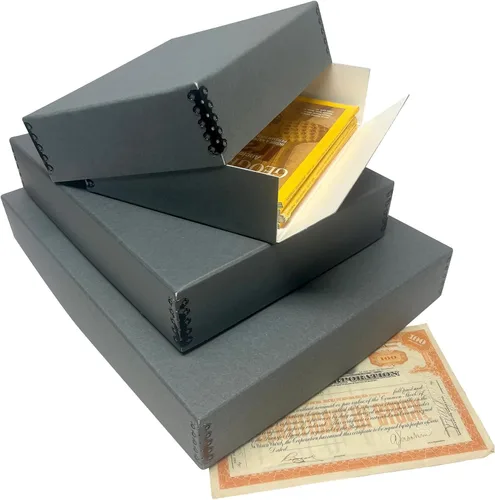 Miniatura 5 de Lineco Caja de almacenamiento de archivo de museo, 17.75 x 22.75 x 3 pulgadas. Diseño frontal caído. Sin ácidos con borde metálico. Organiza fotos