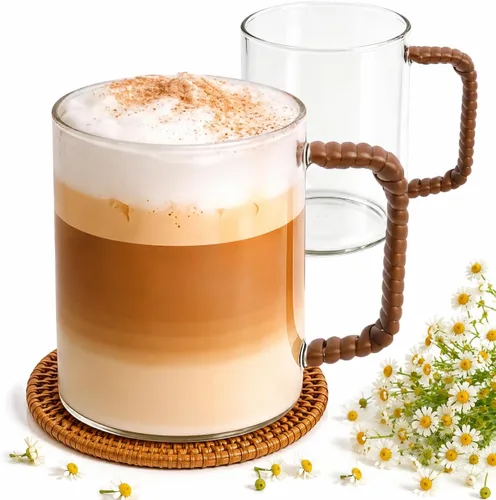 Juego de 2 tazas de café de vidrio de borosilicato transparente de 16 onzas con mango tejido estilo ratán, taza de café de granja para café con