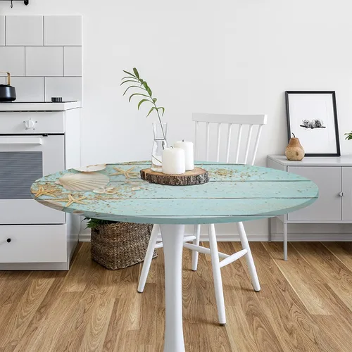 Miniatura 7 de Mantel redondo ajustable de playa de madera de verano con diseño de estrella de mar y borde elástico (se adapta a mesas de 40 a 44 pulgadas)