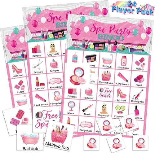 Liliful Juego de bingo para fiesta de spa, 35 piezas, para 24 jugadores, tarjetas de bingo para fiesta de maquillaje, juegos temáticos de belleza