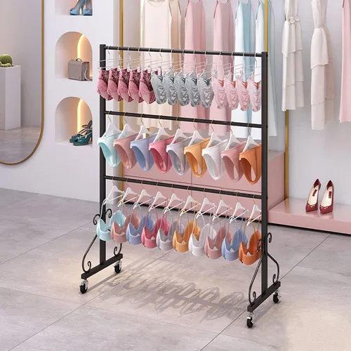 Miniatura 11 de Soporte de exhibición de ropa interior de pie con ruedas, tienda al por menor moderna de 3 niveles, soporte de sujetador de doble cara, pantalones