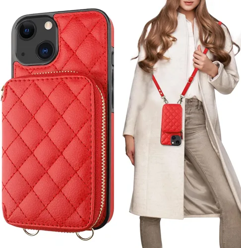 Miniatura 9 de Bocasal Funda tipo cartera con bandolera para iPhone 13, de cuero PU con bloqueo RFID, con cierre de cremallera, cartera tipo bolso con función Gris