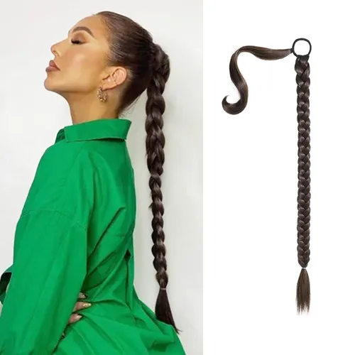 Miniatura 36 de SEIKEA - Extensión de cola de caballo trenzada larga mejorada con banda elástica lisa y mechón trenzado envolvente, color negro, 20 pulgadas