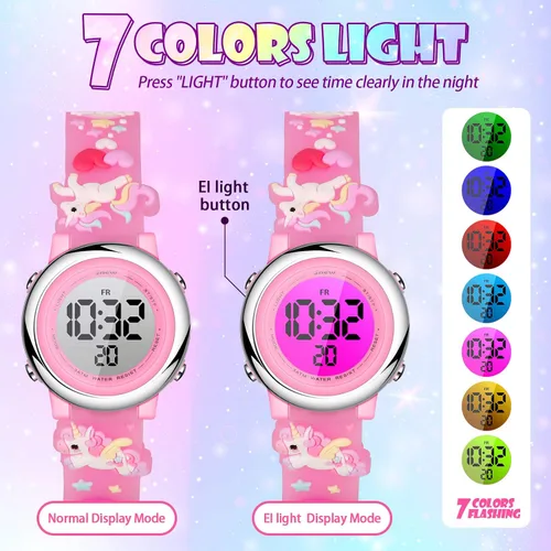 Miniatura 3 de 2 Pieces Kids Unicorn Watch Toddler Watch and Silicone Wristband Cute 3D Kids Digital Watch Waterproof 7 Color Lights Watch with Alarm Stopwatch