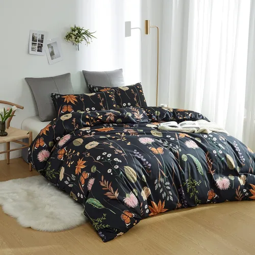 Miniatura 2 de Juego de funda de edredón floral tamaño individual, funda de edredón negra con estética rosa, floral, colorido, botánico, amarillo, mariposa, juego