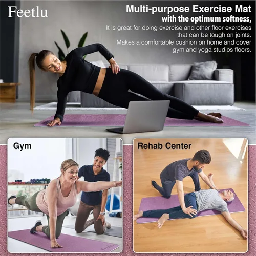 Miniatura 6 de Tapete de yoga para ejercicios extra grueso con correa - 2/5 pulgadas (10 mm), tapete antideslizante para entrenamiento de yoga, pilates y Morado
