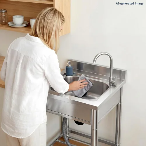 Miniatura 8 de Juego de fregadero de cocina de restaurante comercial de acero inoxidable de pie independiente con grifo, lavabo de mano de lavado de preparación