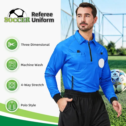 Miniatura 2 de CUTIEHON Camiseta de árbitro de fútbol, camiseta oficial de árbitro de fútbol profesional de manga larga, con un soporte para insignia y bolsillos