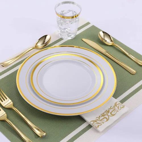 Miniatura 5 de FOCUSLINE Juego de 102 platos de plástico dorados, desechables, resistentes, 51 platos llanos y 51 platos de postre, elegante plato de plástico